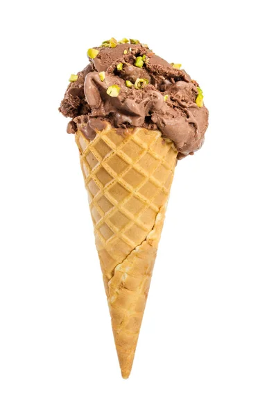 Chocolate ice cream with nuts in waffle cone — Stock Photo, Image