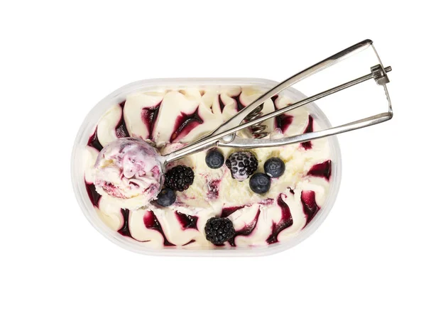 Ice cream with fresh blueberry and blackberry in plastic box and — Stock Photo, Image