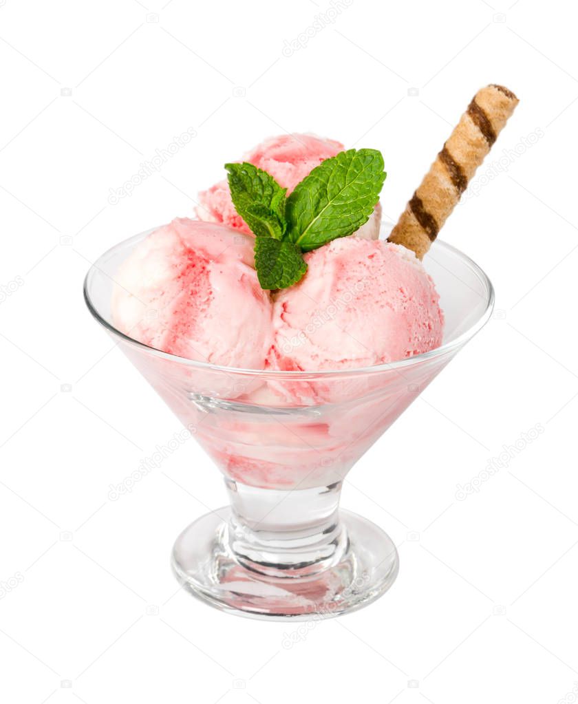 Strawberry ice cream with fresh mint and wafer stick in glass va