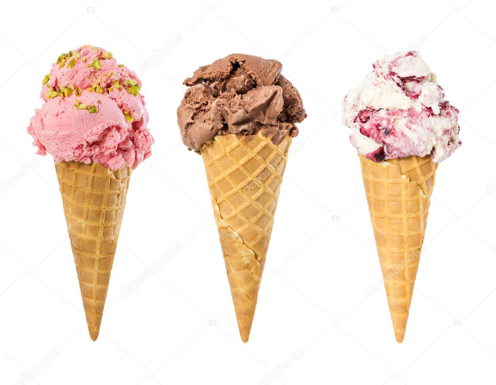 Set of ice cream in waffle cone isolated on white  