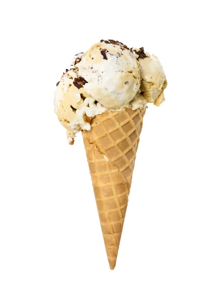 Wafer cone with creamy vanilla ice cream with chocolate chips is — Stock Photo, Image
