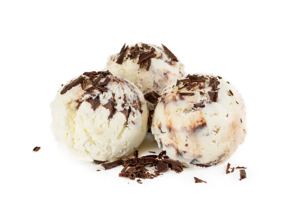Three balls creamy chocolate ice cream with chocolate chips isol — Stock Photo, Image