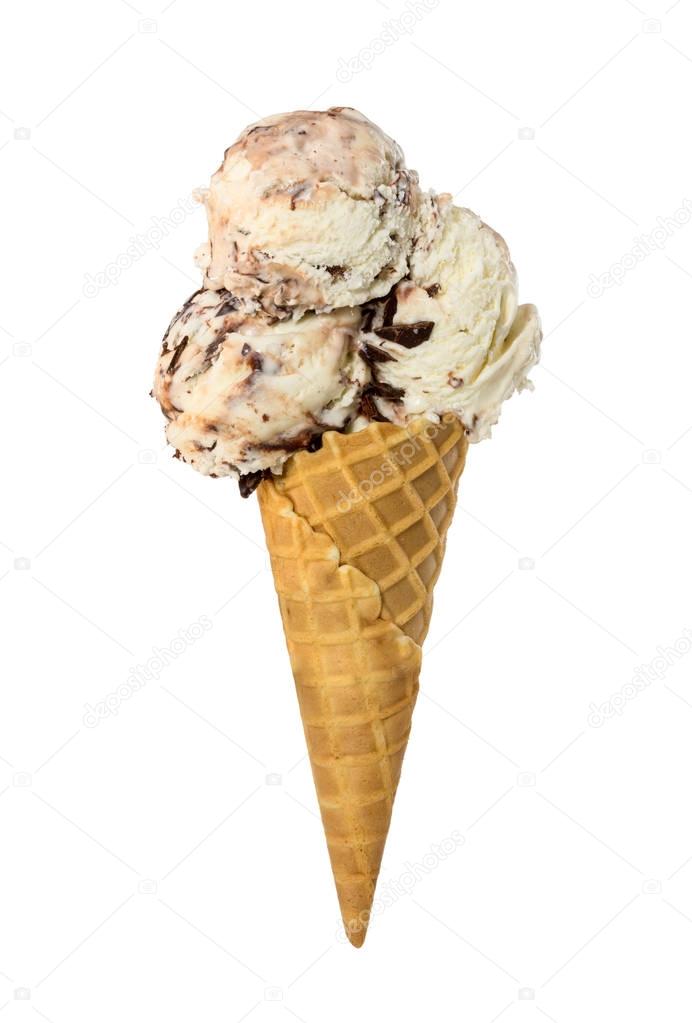 Wafer cone with creamy vanilla ice cream with chocolate chips is