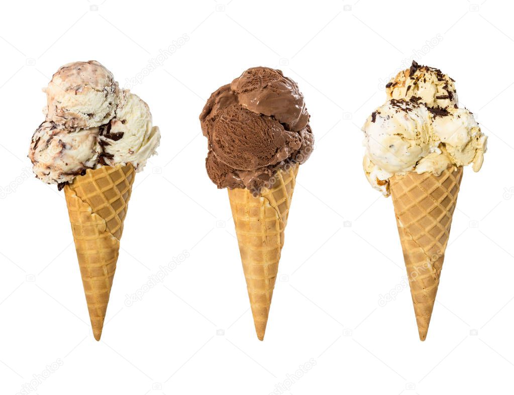 Set of three ice cream in waffle cone isolated on white