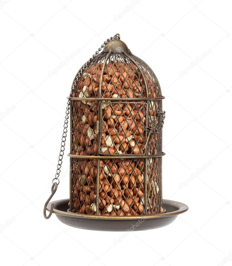 Bunker type bird feeder in vintage style with raw peanats 