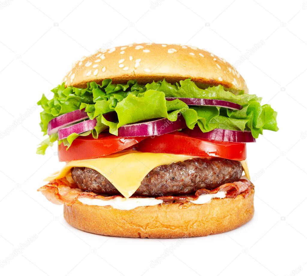 Classic cheeseburger with beef, cheese, bacon, tomato, onion and