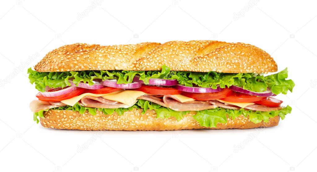 Sandwich with ham, tomato, cheese, onion and lettuce  