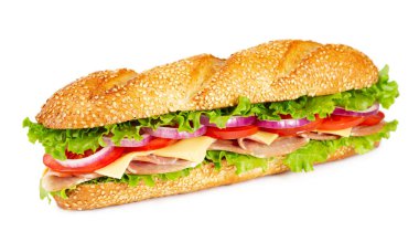 Jambon, domates, peynir, soğan, marul ile sandviç 