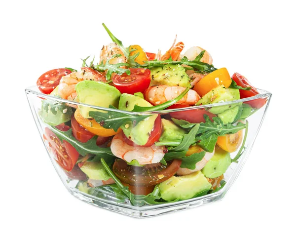 Salat mit Avocado, Garnelen, frischen Kirschtomaten und Rucola in — Stockfoto