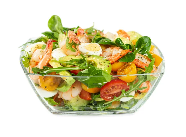 Salad with avocado, shrimp, fresh cherry tomatoes, quail egg and — Stock Photo, Image
