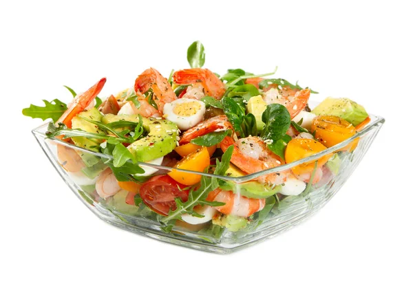 Salad with avocado, shrimp, fresh cherry tomatoes and arugula in — Stock Photo, Image