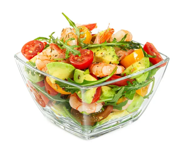 Salade met avocado, garnalen, verse kerstomaten en arugula in Stockfoto