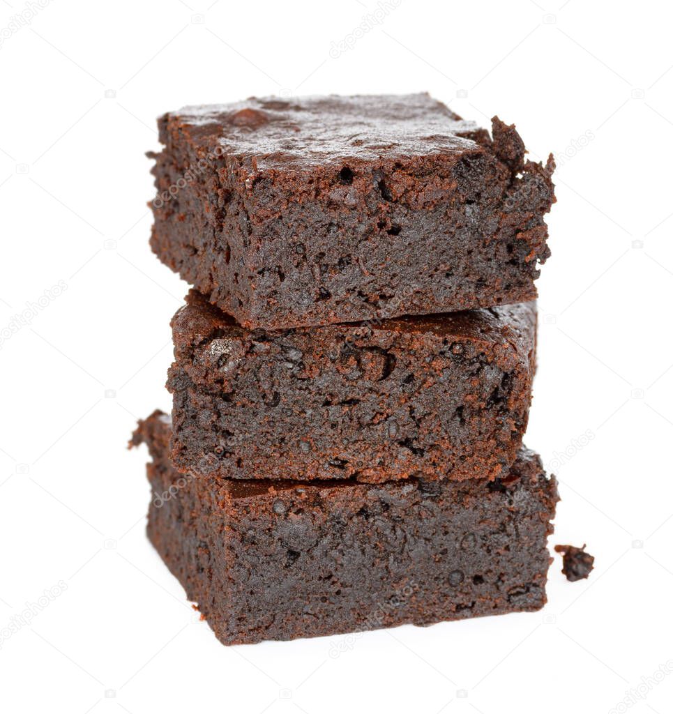 Chocolate brownie cakes isolated on white background.