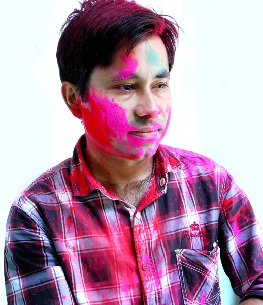 Closeup Shot Indian Young Man Covered Multi Color Dry Paint — Stock Photo, Image