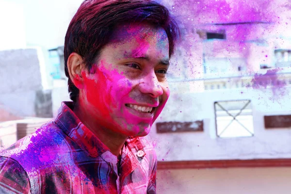 Closeup Shot Indian Young Man Covered Multi Color Dry Paint — Stock Photo, Image