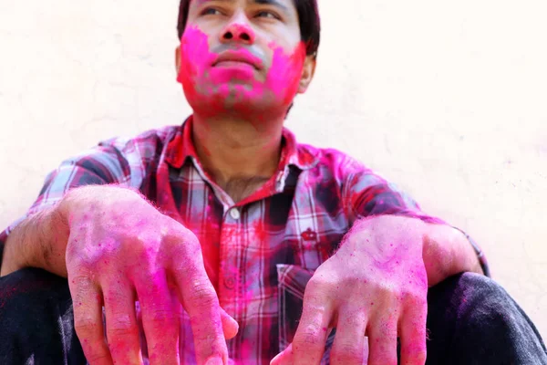 Closeup Shot Indian Young Man Covered Multi Color Dry Paint — Stock Photo, Image