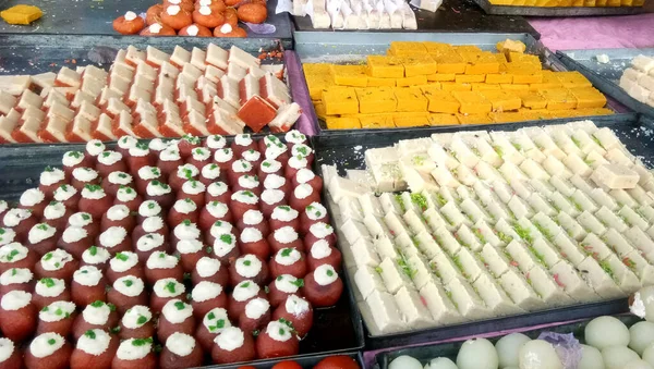Traditional Indian Sweets Sold Street Vending Stalls — 스톡 사진