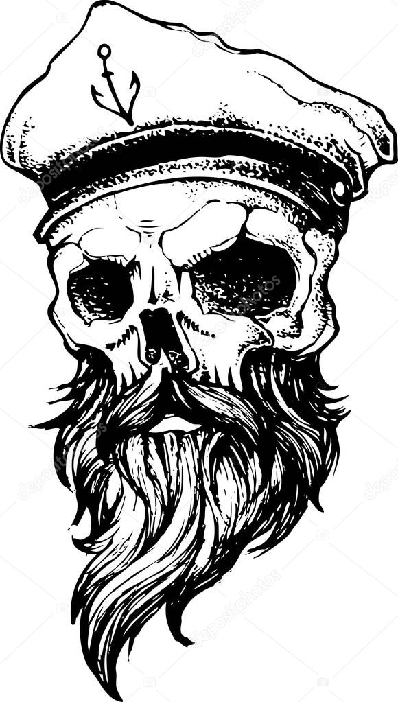 Pirate Skull Captain with Hat and beard - stock illustration