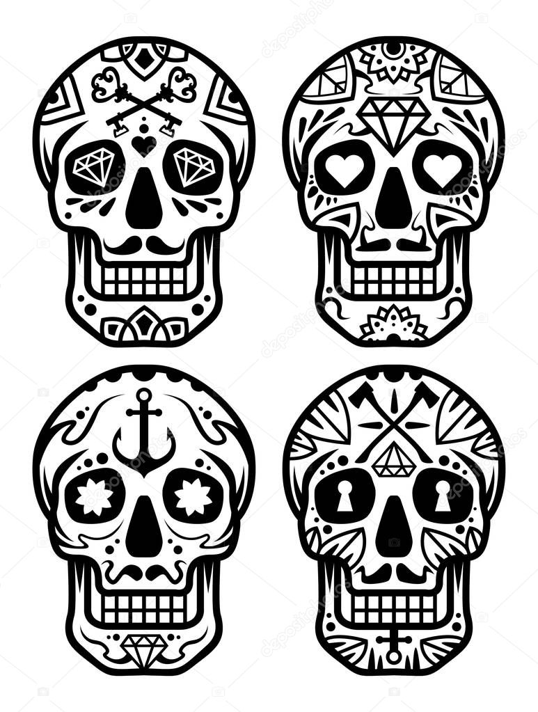 Mexican sugar skull, Dia de los Muertos icons set stock illustration