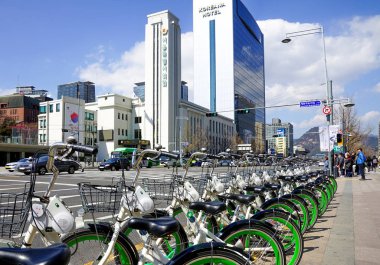 Halka açık bisikletler. Bisiklet parkı sokakta kiralık..