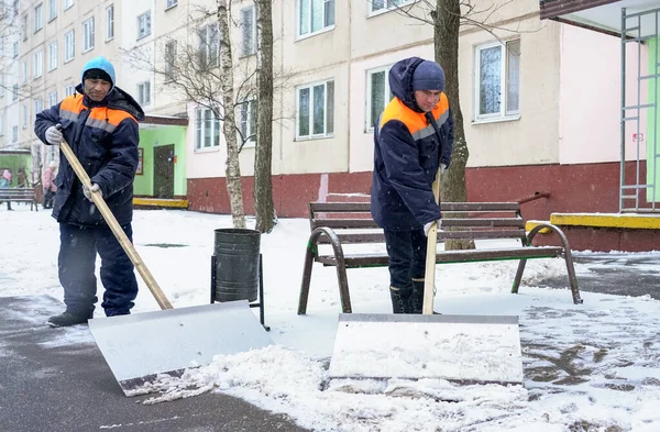Москва Январь 2020 Рабочие Форме Большими Лопатами Удаление Снега Улицах — стоковое фото