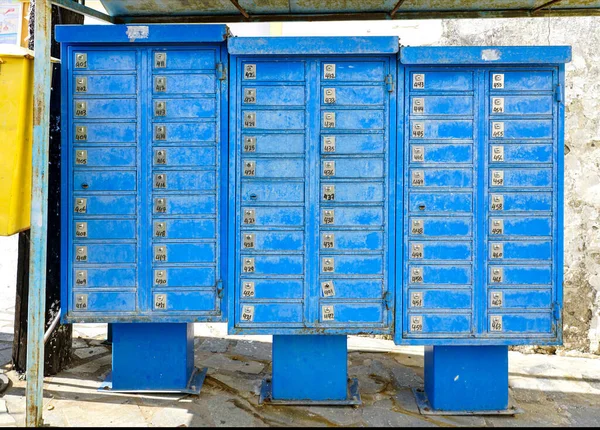 Blue Mailboxes Metal Street Boxes Mail — Stock Photo, Image