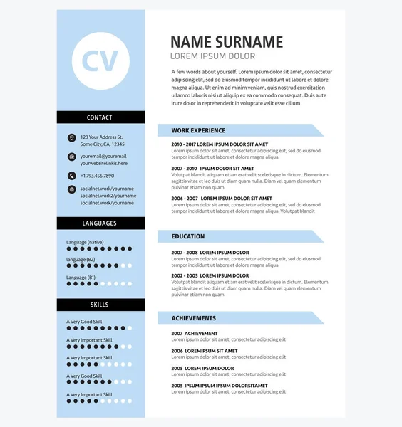 Plantilla CV minimalista color azul — Vector de stock