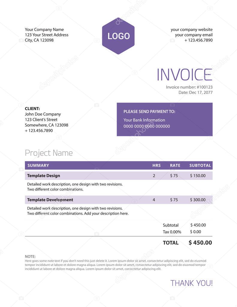 Minimalist business invoice template - trendy ultra violet color of the year 