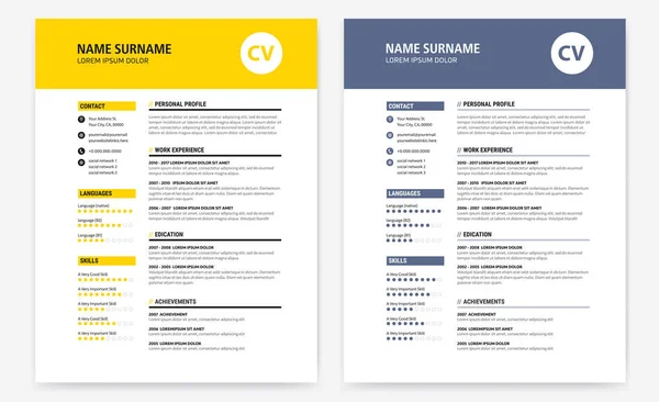 CV / Reanudar formulario de plantilla de diseño amarillo y azul oscuro - vector — Vector de stock