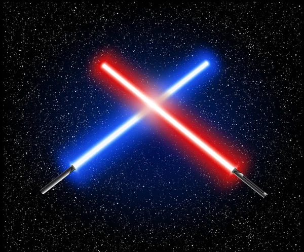 Två korsade ljus svärd - blå och röd korsar laser lightsabe — Stock vektor