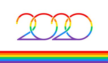 2020 Gurur Olayları için Gurur 2020 metin logosu ve gökkuşağı bayrağı -