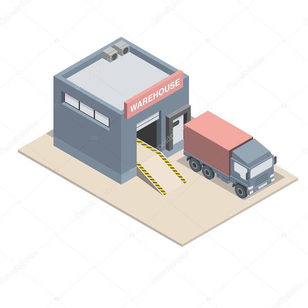 Isometric warehouse with loading dock and truck. Flat design style. Illustration. Vector.