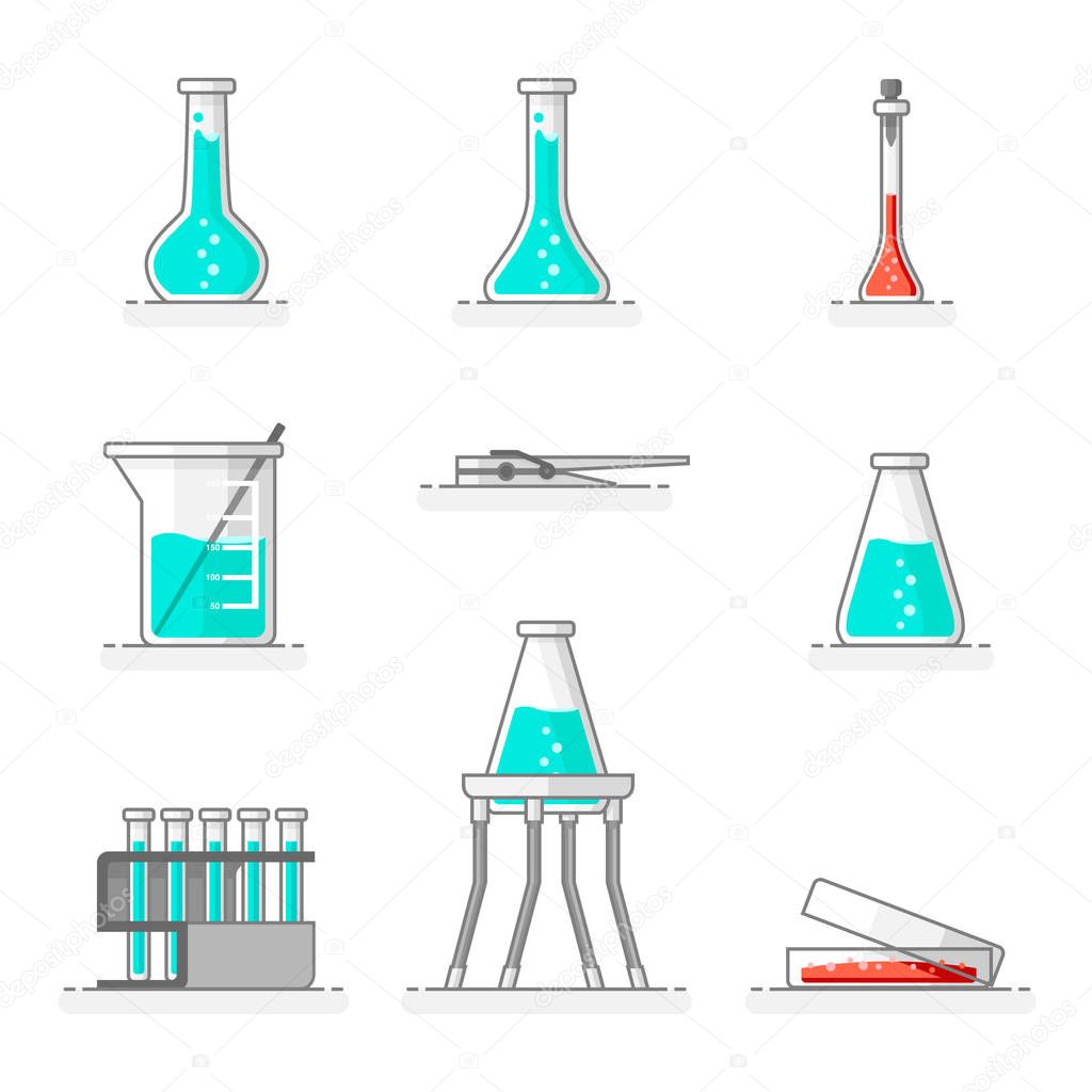 Scientific set of laboratory glassware, materials and tools. Flat line design concept. Vector illustration.