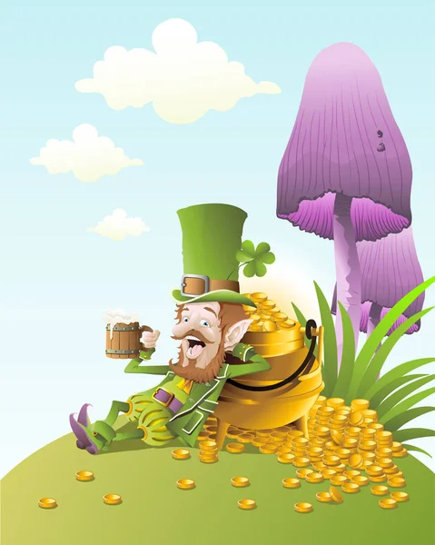 Leprechaun Dricka Liggande Guld Vektorillustration — Stock vektor