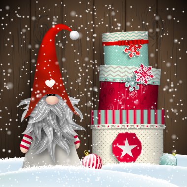 İskandinav Noel geleneksel gnome, lokma, renkli hediye kutuları, illüstrasyon yığını ile