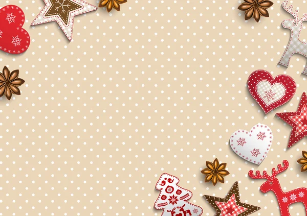 Kerstmis achtergrond, kleine Scandinavische stijl decoraties liggend op polka dot patronen achtergrond afbeelding — Stockvector