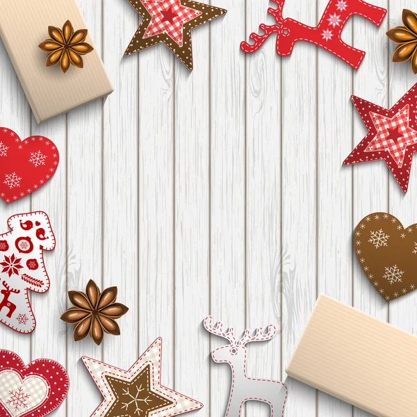 Motivo de Navidad, pequeñas decoraciones de estilo escandinavo que yacen en el escritorio de madera, ilustración — Vector de stock