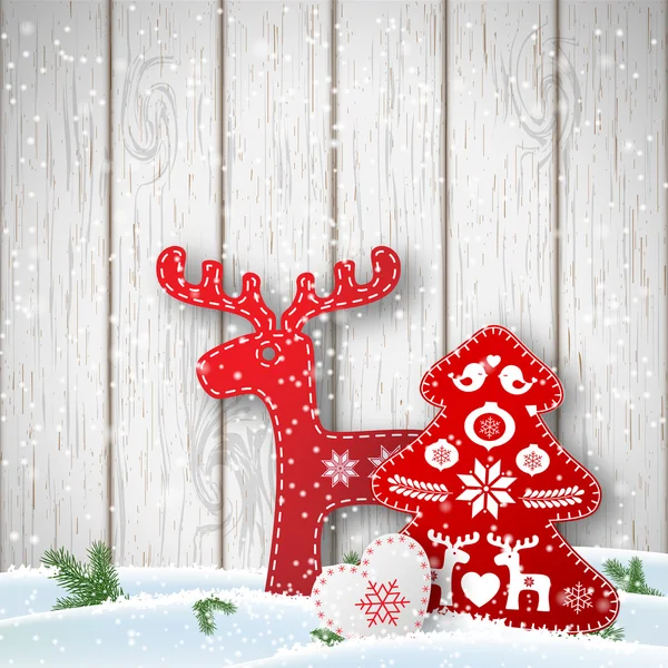 Weihnachtlicher Hintergrund, kleine Dekorationen im skandinavischen Stil vor weißer Holzwand, Illustration — Stockvektor