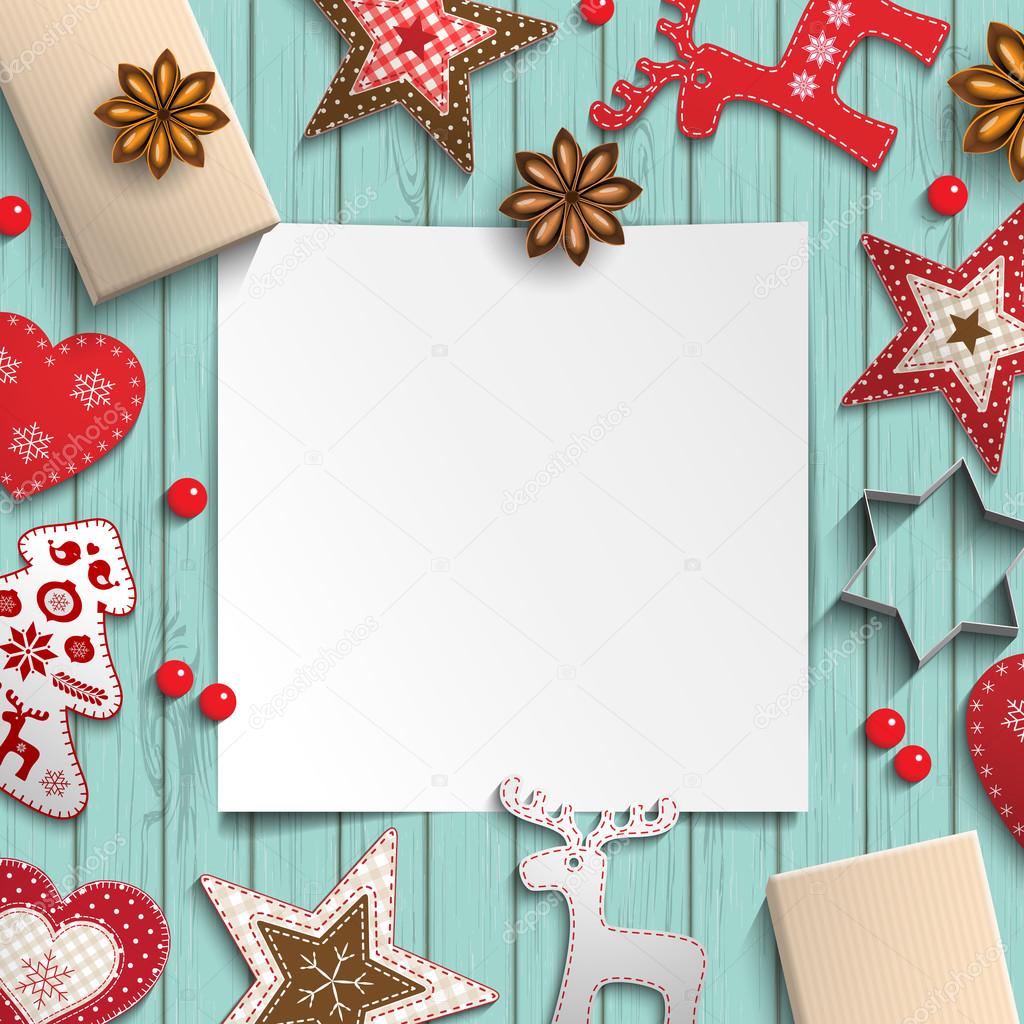 Abstract christmas background, white sheet of paper lying among small scandinavian styled decorations on wooden desk, illustration