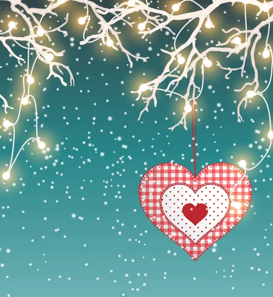 Vánoční pozadí, zimní krajina s elektrickým dekorativní světla a červené srdce ve skandinávském stylu, ilustrace — Stockový vektor