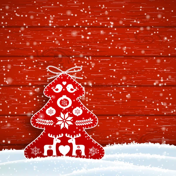 Boże Narodzenie dekoracje w stylu skandynawskim, bogate zdobione drzewo przed czerwone drewniane ściany, ilustracja — Wektor stockowy