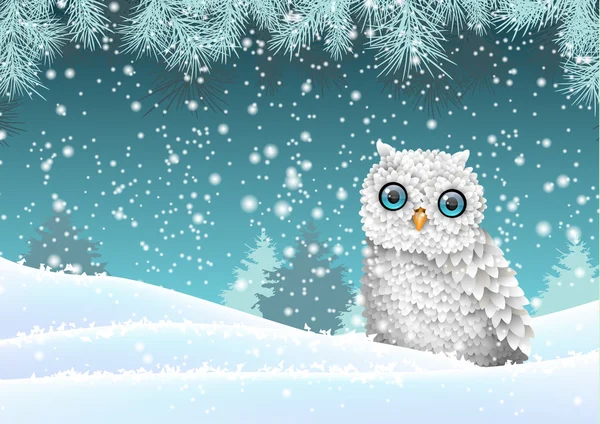 Holiday winter theme, white owl sitting in snow, illustration — Stock Vector