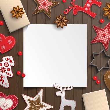 Noel arka plan, beyaz kağıdın küçük İskandinav tarzı dekorasyon ahşap masa, illüstrasyon arasında yalan