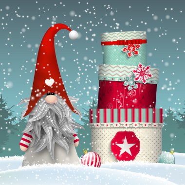 İskandinav Noel geleneksel gnome, lokma, renkli hediye kutuları, illüstrasyon yığını ile
