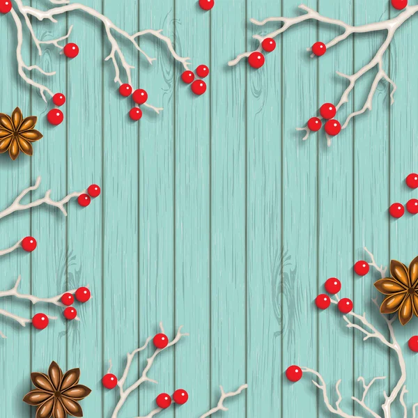 Fondo de Navidad en estilo rústico, ramas secas con bayas rojas en escritorio de madera azul, ilustración — Vector de stock