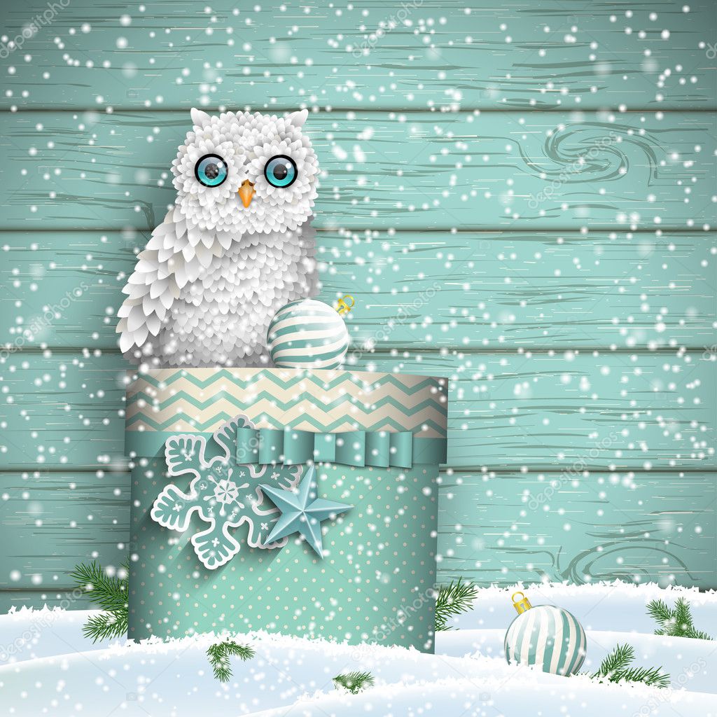 Christmas theme, white owl sitting on blue gift box in snow, illustration