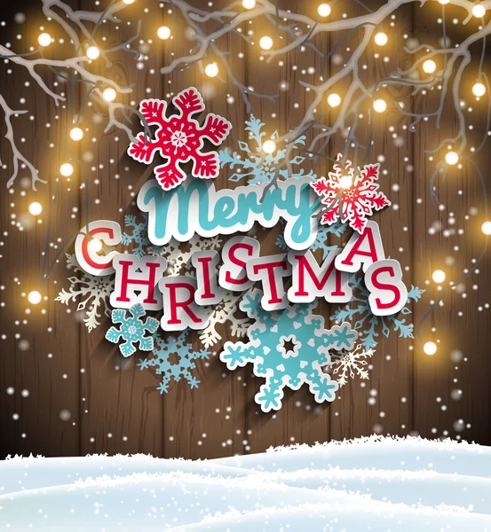 Texto decorativo colorido Feliz Natal em fundo de madeira, ilustração —  Vetores de Stock