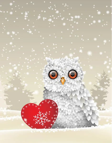 Зимний праздник тема, белый сова сидит в снегу с красным сердцем, иллюстрация — стоковый вектор