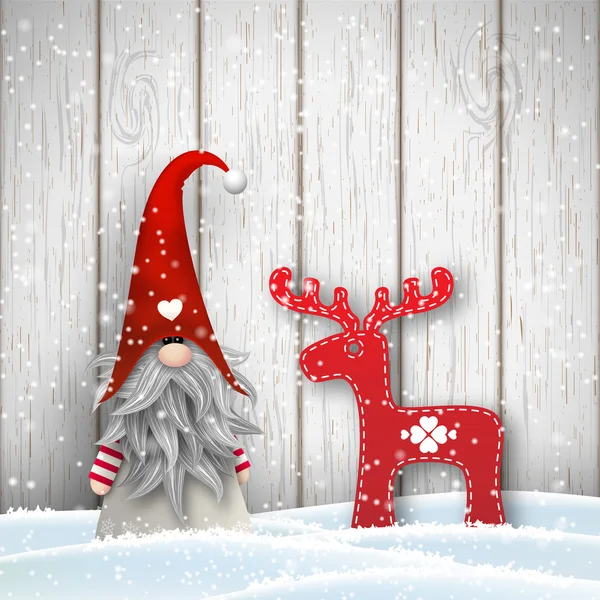 Scandinavische kerst traditionele gnome, Tomte, met abstracte decoratie in de vorm van rendieren, illustratie — Stockvector