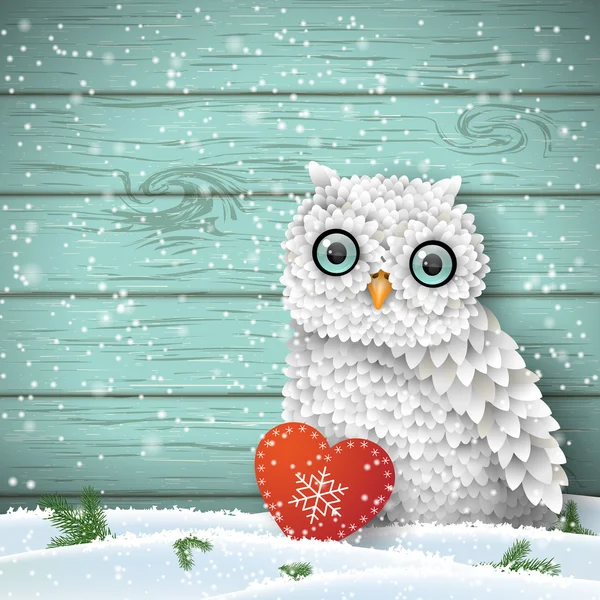 Schattige witte uil zitten in de sneeuw in de voorkant van de winter vakantie thema, blauwe houten muur, illustratie — Stockvector
